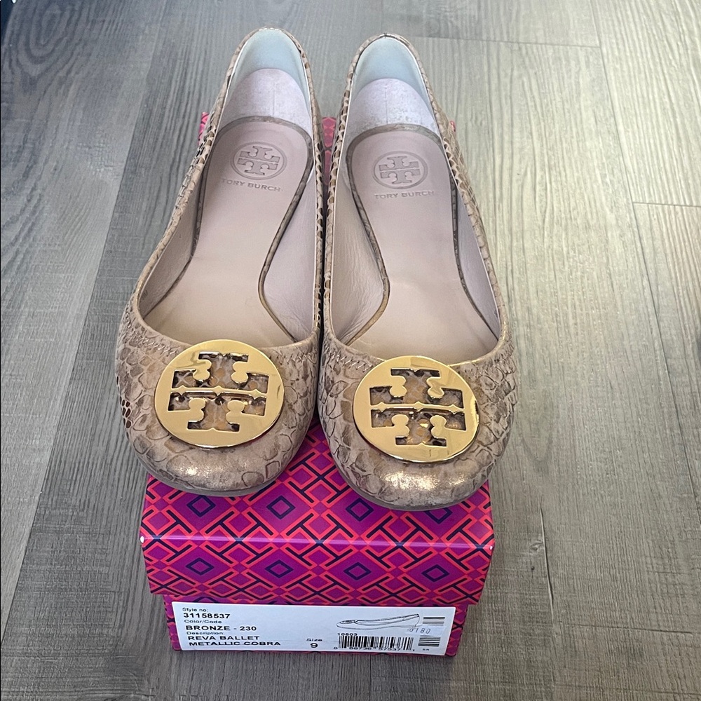 Tory Burch Reva Ballet Flats in Bronze Metallic Cobra